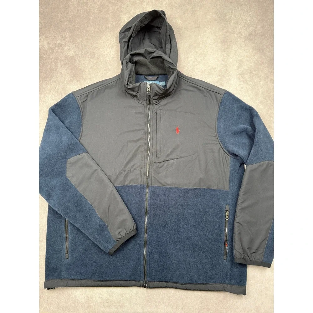 VTG Y2K Polo Ralph Lauren Polartec Fleece Jacket Men XXL Navy Gray Full Zip Hood